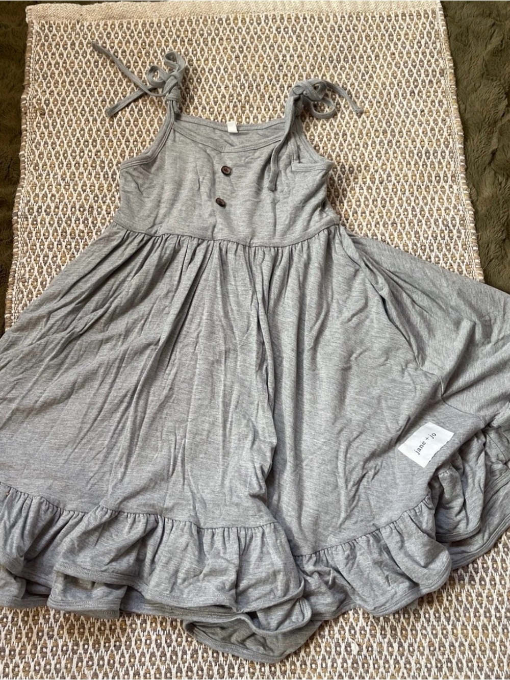 Girls' Gray Ruffle Hem Summer Dress with Tie Straps. Jane & jo twirl dress. 6yr